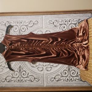 Chérie copper velvet button up dress.  ruffle/scrunch front form fitting